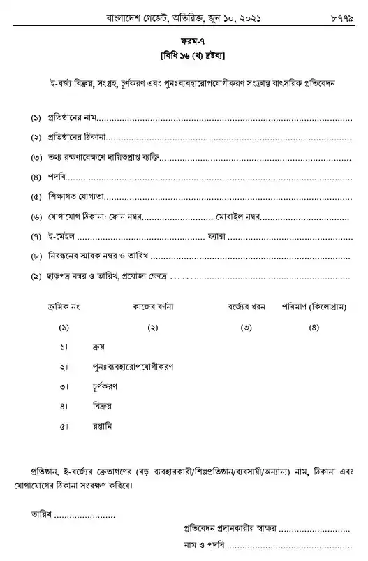 ঝুঁকিপূর্ণ বর্জ্য (ই-বর্জ্য) ব্যবস্থাপনা বিধিমালা, ২০২১ তফসিল — পৃষ্ঠা ২৯