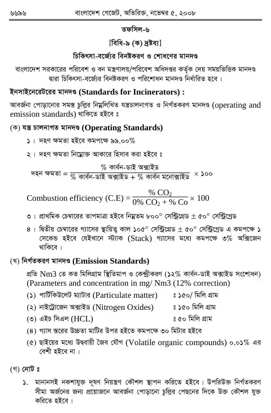 চিকিৎসা-বর্জ্য (ব্যবস্থাপনা ও প্রক্রিয়াজাতকরণ) বিধিমালা, ২০০৮ তফসিল — পৃষ্ঠা ১৮
