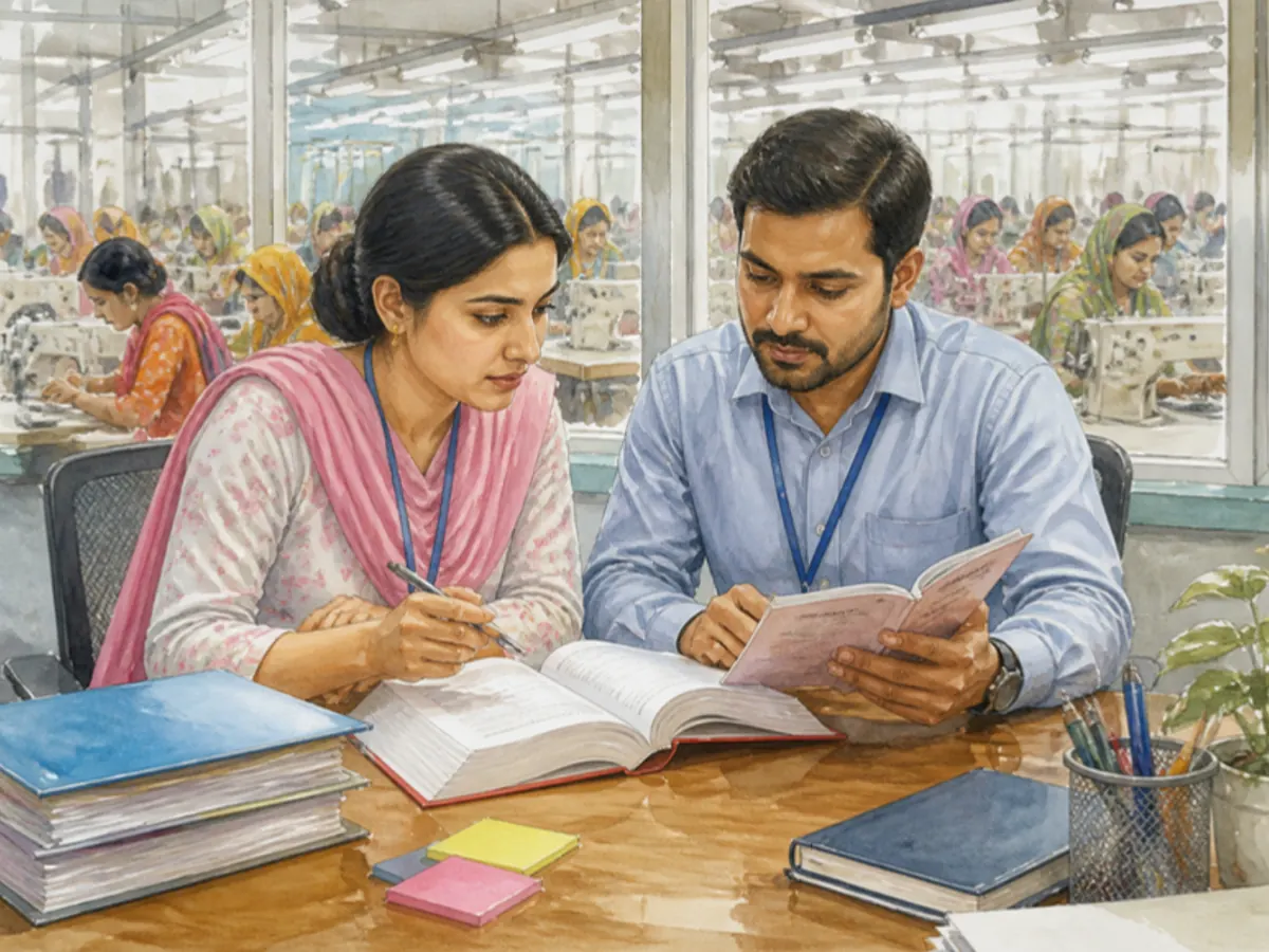এইচআর ও কমপ্লায়েন্স কর্মকর্তা আইনের বই মিলিয়ে দেখছেন; পেছনে সেলাই ফ্লোর