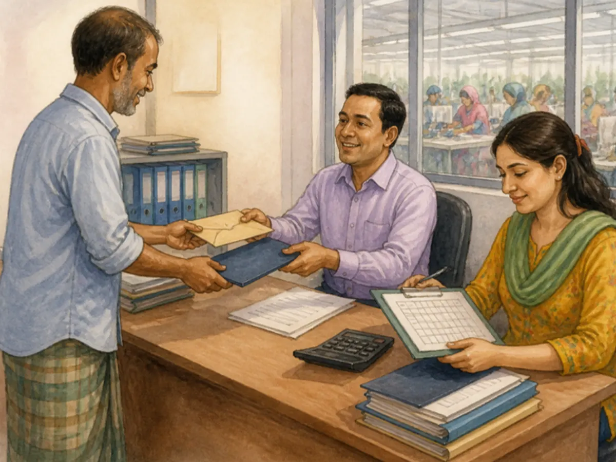 বিদায়ী শ্রমিক চূড়ান্ত পাওনার খাম ও সার্ভিস বই বুঝে নিচ্ছেন; পাশে হিসাবের শিট