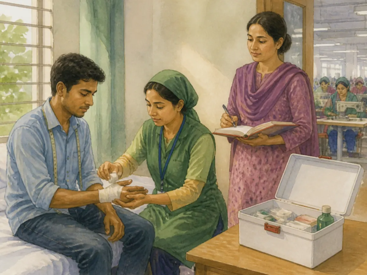 হাতে আঘাত পাওয়া শ্রমিককে প্রাথমিক চিকিৎসা দিচ্ছেন প্রশিক্ষিত কর্মী; একজন খাতায় ঘটনা লিখছেন