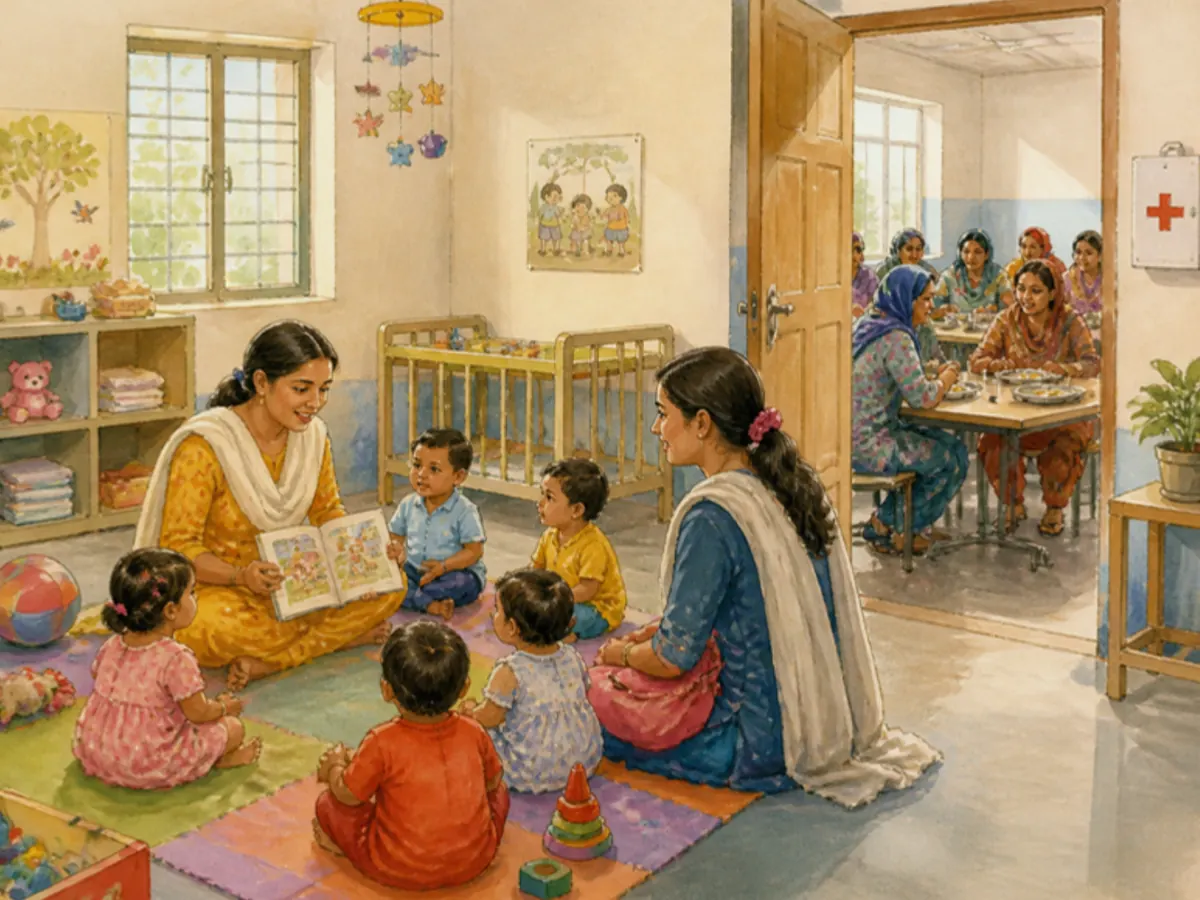 শিশুকক্ষে পরিচর্যাকারী শিশুদের বই পড়ে শোনাচ্ছেন; পাশের ঘরে খাবার বিরতিতে শ্রমিকেরা