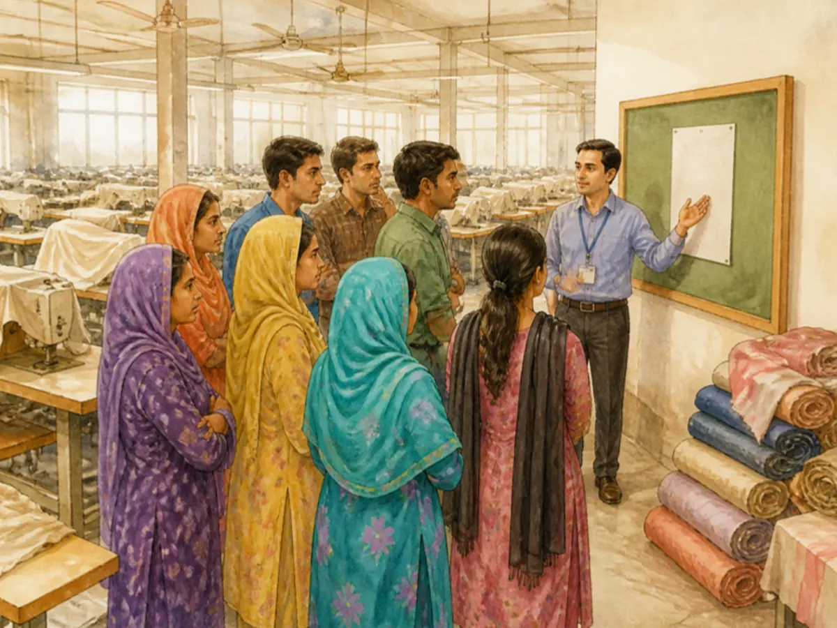সেলাই লাইন বন্ধ; নোটিশ বোর্ডের সামনে শ্রমিকদের বুঝিয়ে বলছেন এইচআর কর্মকর্তা